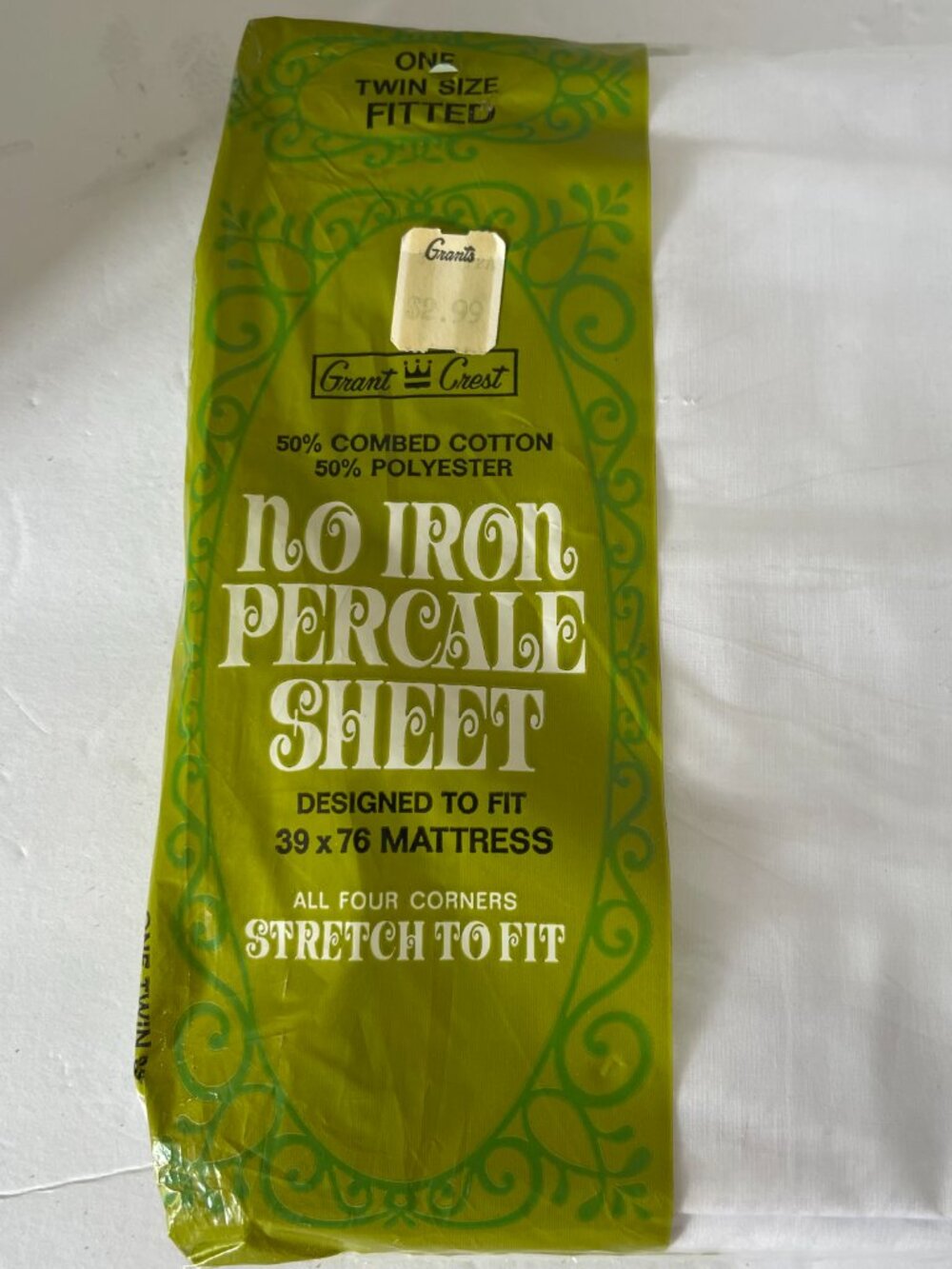 VTG Grant Crest 1 Twin Sz Fitted Sheet White for 39"x 76" MAT Corners Stretch